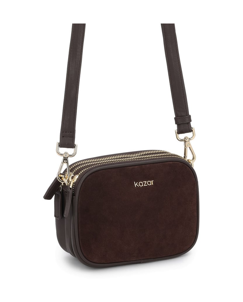 Kazar-Kleine-Wildlederhandtasche-mit-natürlichen-Lederelementen-dunkelbraun