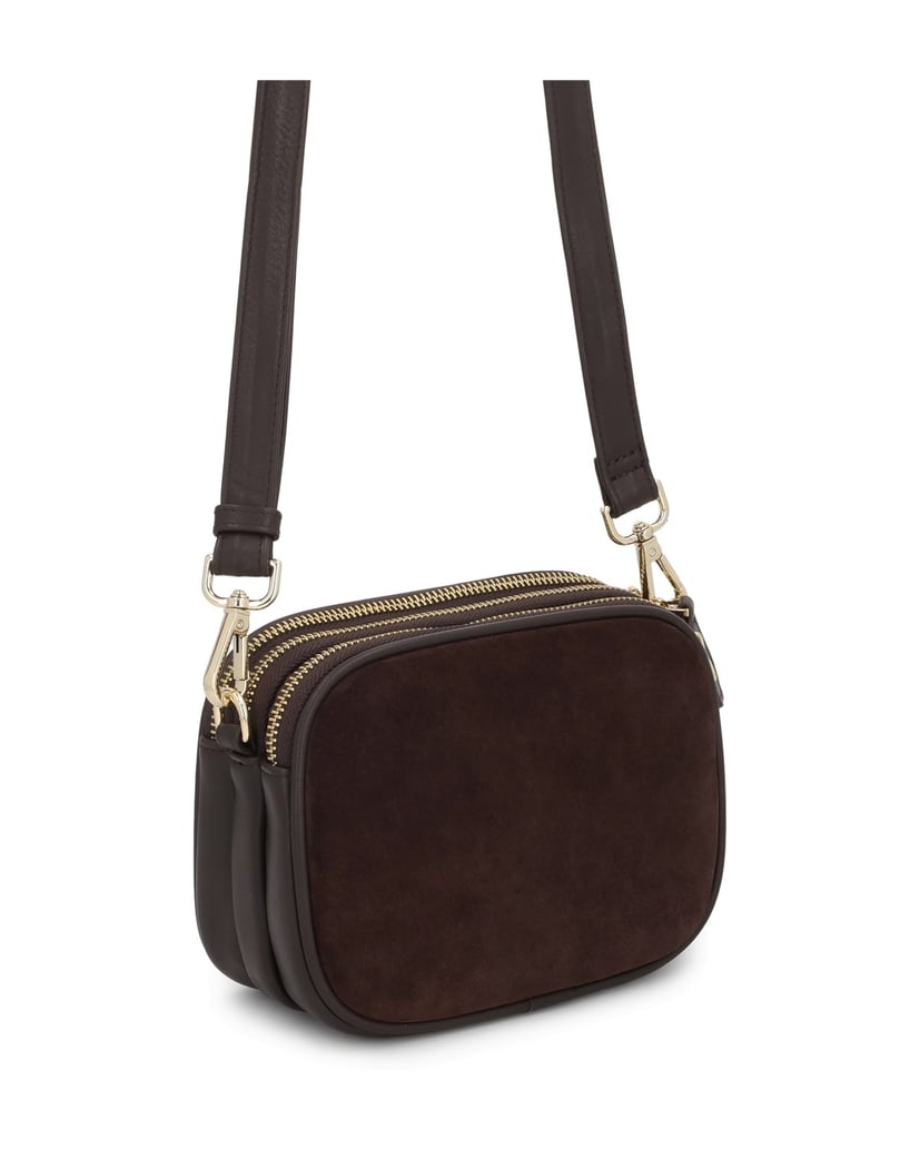 Kazar-Kleine-Wildlederhandtasche-mit-natürlichen-Lederelementen-dunkelbraun