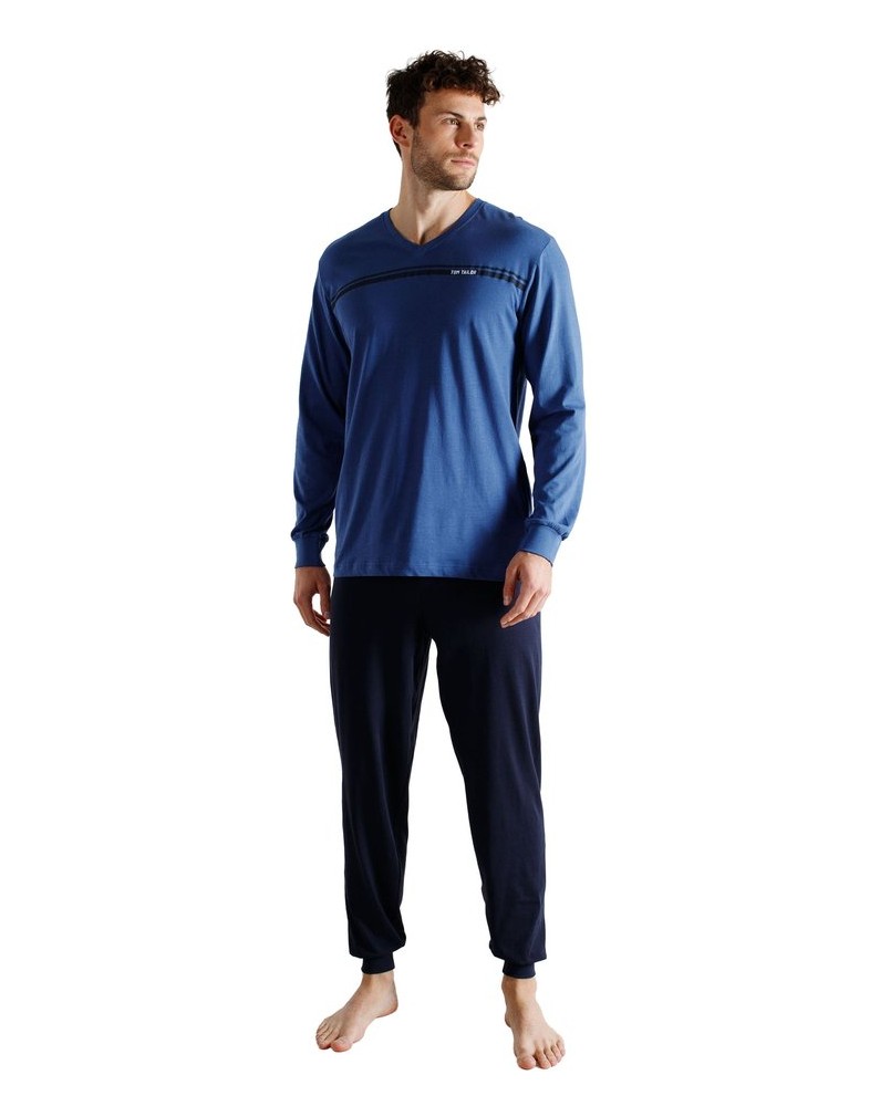 Tom-Tailor-Herren-Pyjama-Pyjama-lang-V-Neck-blau-