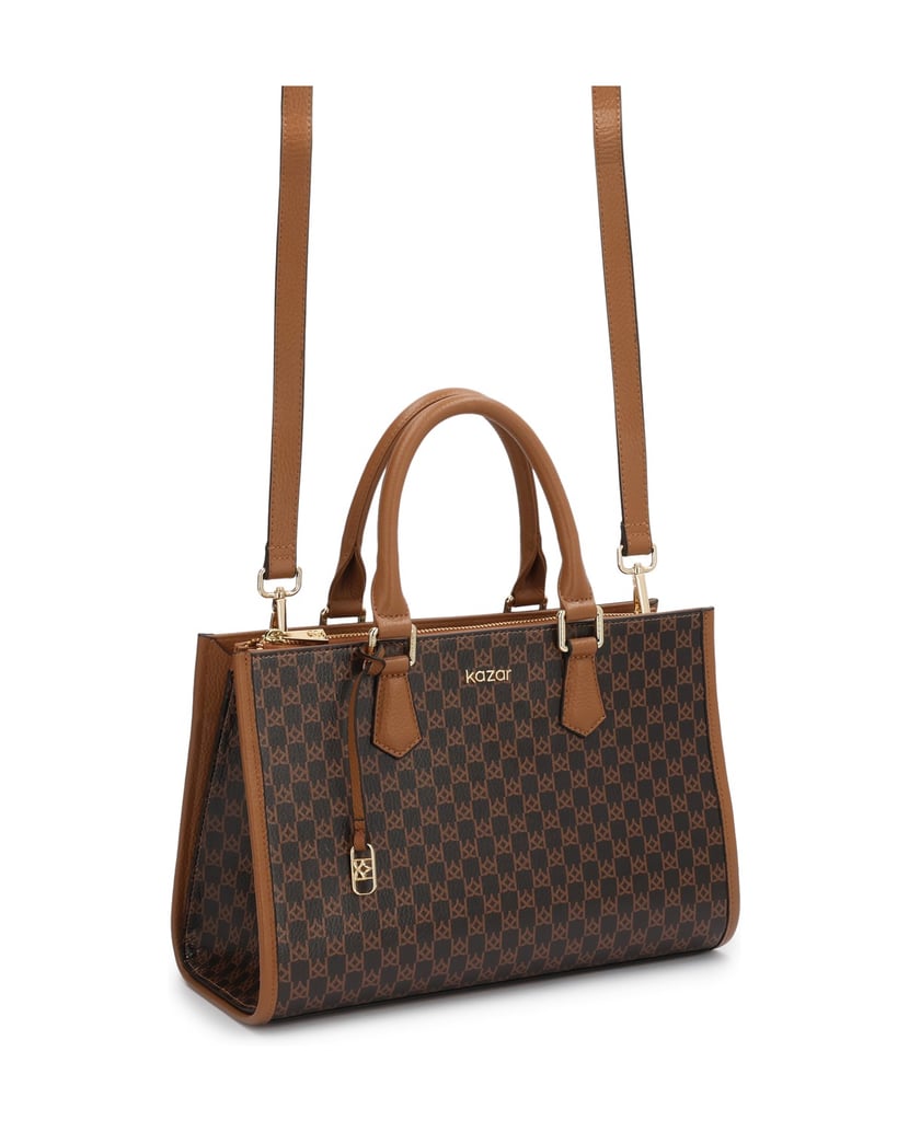 Kazar-Lederhandtasche-mit-Monogrammen-und-Metalldetails-dunkelbraun