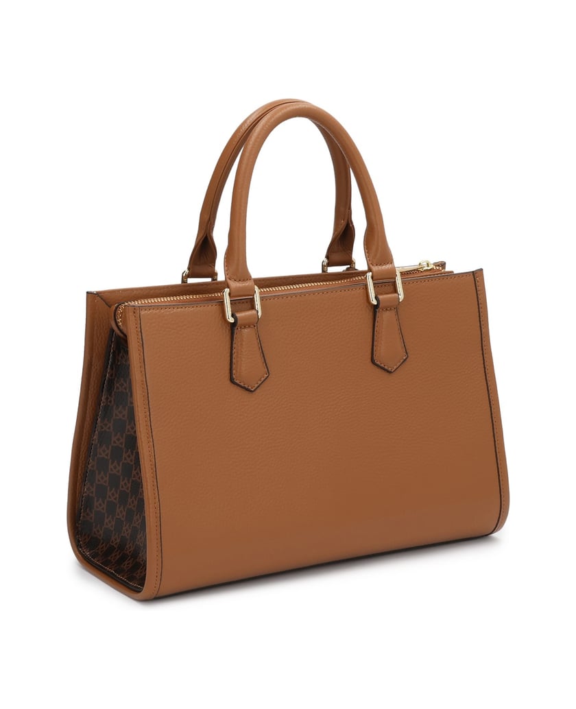 Kazar-Lederhandtasche-mit-Monogrammen-und-Metalldetails-dunkelbraun