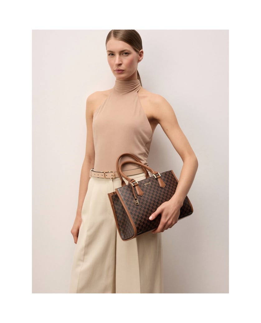 Kazar-Lederhandtasche-mit-Monogrammen-und-Metalldetails-dunkelbraun