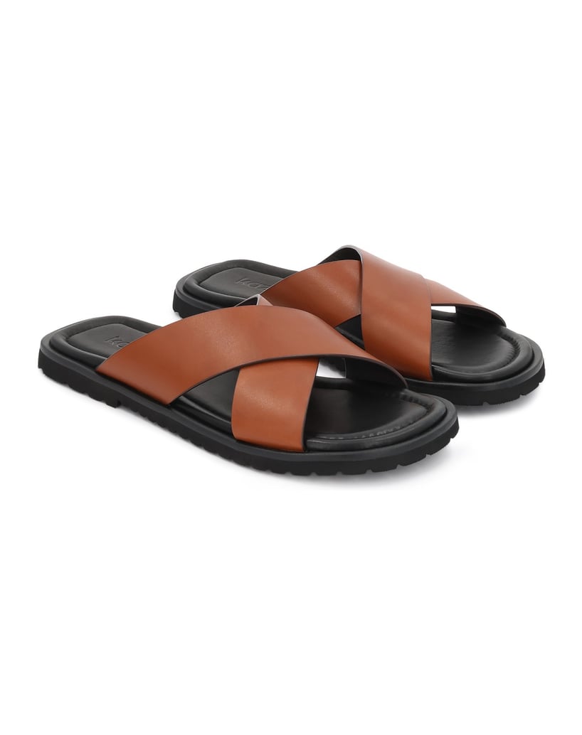 Kazar-Braune-Leder-Slides-mit-breiten-Schnürchen-braun