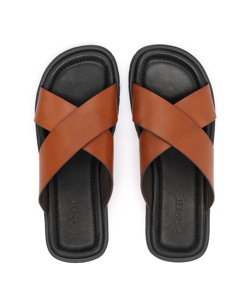 Kazar-Braune-Leder-Slides-mit-breiten-Schnürchen-braun