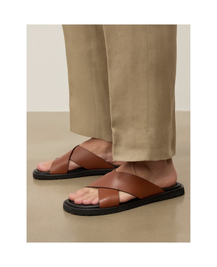Kazar-Braune-Leder-Slides-mit-breiten-Schnürchen-braun