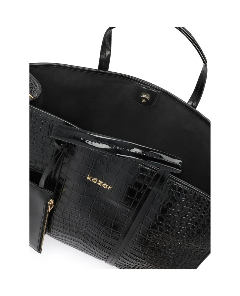 Kazar-Große-Ledertasche-mit-Krokodilmuster-schwarz