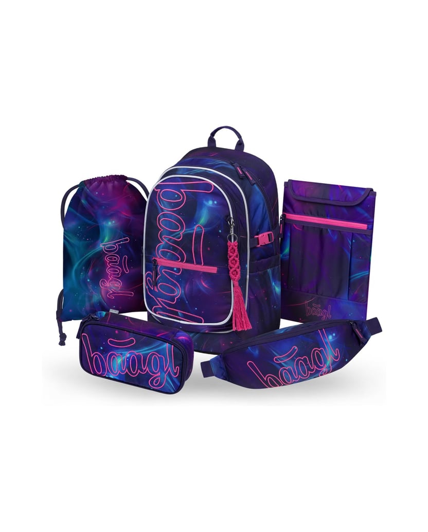 Baagl-Schulrucksack-Set-Core-Nova-5tlg.:-Schulrucksack,-Federmäppchen,-Turnbeutel,-Bauchtasche,-Laptophülle-lila