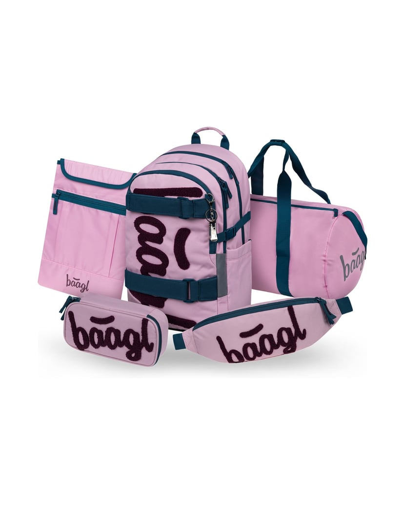 Baagl-Schulrucksack-Set-Skate-Rose-5tlg.:-Schulrucksack,-Federmäppchen,-Sporttasche,-Bauchtasche,-Laptophülle-rosa
