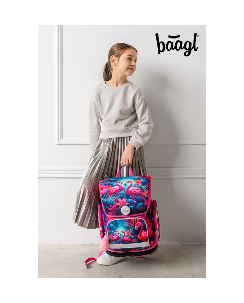 Baagl-Schulranzen-Set-Ergo-Flamingos-5tlg.:-Schulranzen,-Federmäppchen,-Turnbeutel,-Schürze,-Brustbeutel-rosa