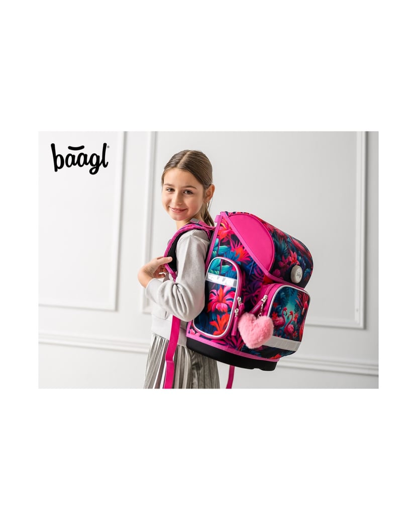 Baagl-Schulranzen-Set-Ergo-Flamingos-5tlg.:-Schulranzen,-Federmäppchen,-Turnbeutel,-Schürze,-Brustbeutel-rosa