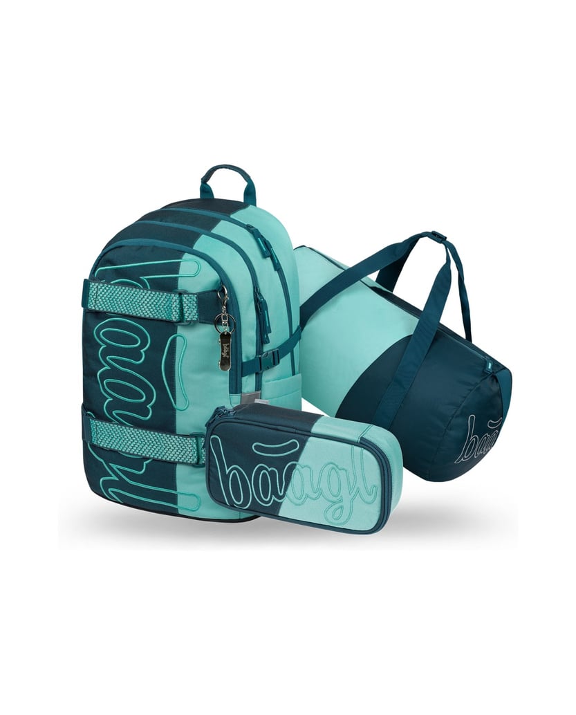 Baagl-Schulrucksack-Set-Skate-Petrol-3tlg.:-Schulrucksack,-Federmäppchen,-Sporttasche-grün