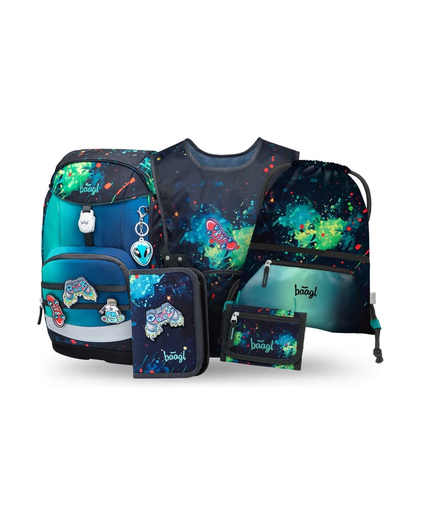 Baagl-Schulrucksack-Set-Airy-Plus-Chill-5tlg.:-Schulrucksack,-Federmäppchen,-Turnbeutel,-Schürze,-Brustbeutel-blau