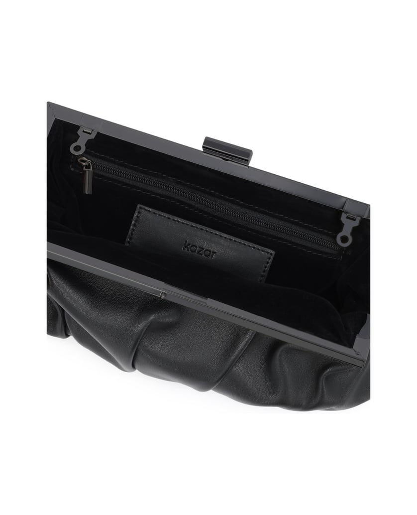 Kazar-Leder-Abendhandtasche-mit-Rüschen-und-Metallrahmen-schwarz